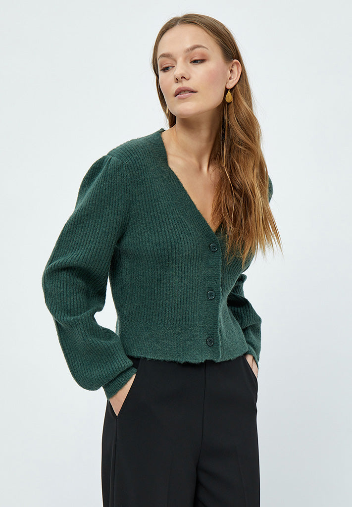 Elise Puff Sleeve Knit Cardigan - Jungle Green Melange