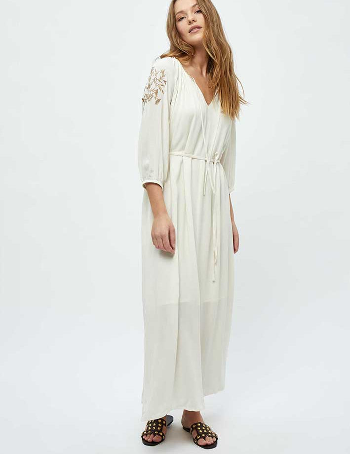 4 Sleeve Ankle Length Embroidery Dress Dress 0002 White Peony