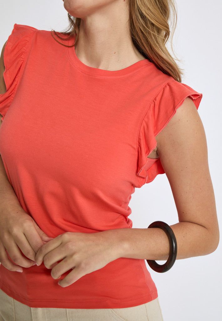 Peppercorn PCTemperence Ruffle Jersey Blouse T-Shirt 4174 Hot Coral