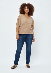 Peppercorn Rosalia V-Neck Knit T-Shirt Curve T-Shirt 0273M Warm Sand Melange