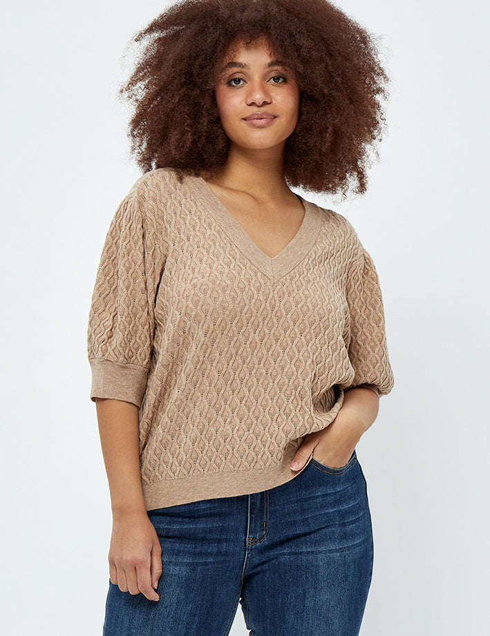 Peppercorn Rosalia V-Neck Knit T-Shirt Curve T-Shirt 0273M Warm Sand Melange